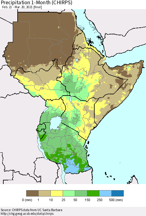 Eastern Africa Precipitation 1-Month (CHIRPS) Thematic Map For 2/21/2021 - 3/20/2021