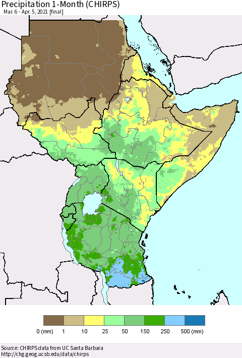 Eastern Africa Precipitation 1-Month (CHIRPS) Thematic Map For 3/6/2021 - 4/5/2021