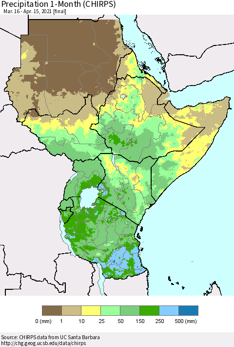 Eastern Africa Precipitation 1-Month (CHIRPS) Thematic Map For 3/16/2021 - 4/15/2021