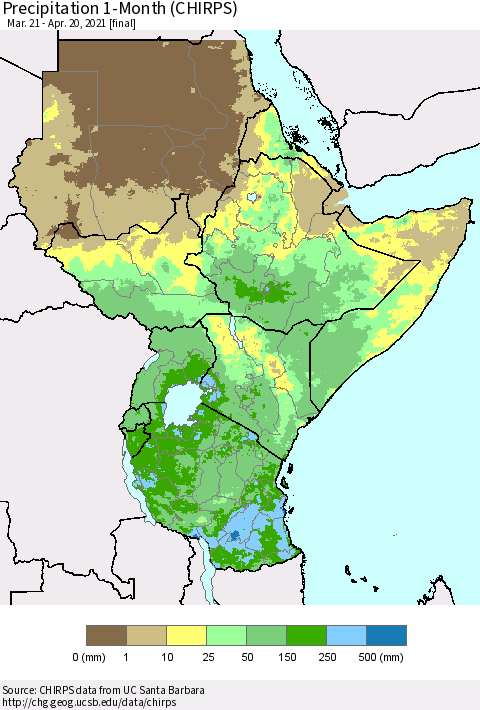 Eastern Africa Precipitation 1-Month (CHIRPS) Thematic Map For 3/21/2021 - 4/20/2021