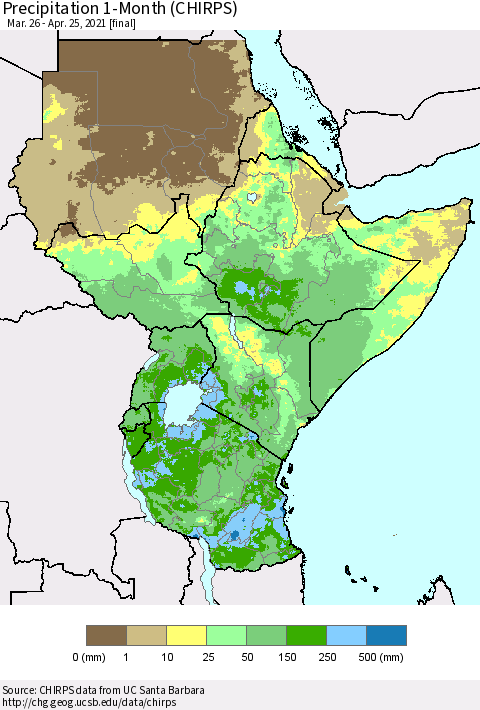 Eastern Africa Precipitation 1-Month (CHIRPS) Thematic Map For 3/26/2021 - 4/25/2021