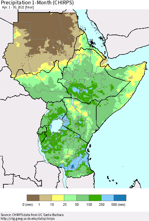 Eastern Africa Precipitation 1-Month (CHIRPS) Thematic Map For 4/1/2021 - 4/30/2021