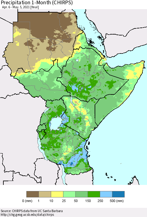 Eastern Africa Precipitation 1-Month (CHIRPS) Thematic Map For 4/6/2021 - 5/5/2021