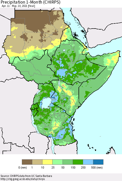 Eastern Africa Precipitation 1-Month (CHIRPS) Thematic Map For 4/11/2021 - 5/10/2021