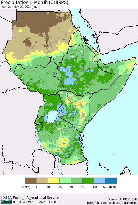 Eastern Africa Precipitation 1-Month (CHIRPS) Thematic Map For 4/21/2021 - 5/20/2021