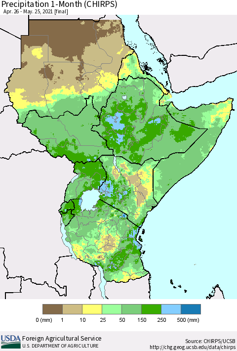 Eastern Africa Precipitation 1-Month (CHIRPS) Thematic Map For 4/26/2021 - 5/25/2021