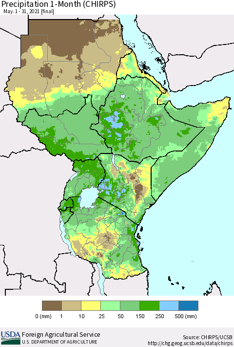 Eastern Africa Precipitation 1-Month (CHIRPS) Thematic Map For 5/1/2021 - 5/31/2021