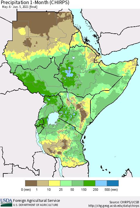 Eastern Africa Precipitation 1-Month (CHIRPS) Thematic Map For 5/6/2021 - 6/5/2021