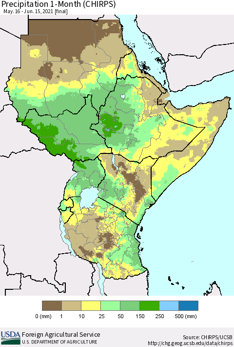 Eastern Africa Precipitation 1-Month (CHIRPS) Thematic Map For 5/16/2021 - 6/15/2021