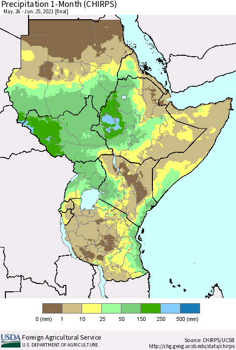 Eastern Africa Precipitation 1-Month (CHIRPS) Thematic Map For 5/26/2021 - 6/25/2021
