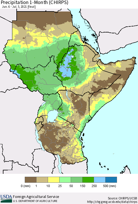 Eastern Africa Precipitation 1-Month (CHIRPS) Thematic Map For 6/6/2021 - 7/5/2021