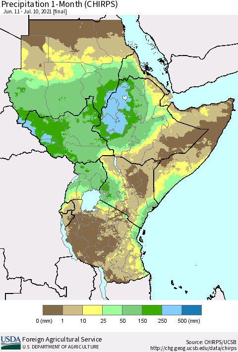 Eastern Africa Precipitation 1-Month (CHIRPS) Thematic Map For 6/11/2021 - 7/10/2021
