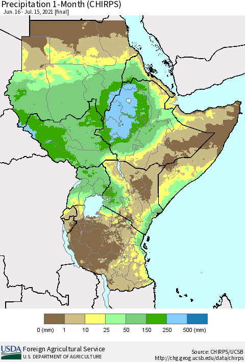 Eastern Africa Precipitation 1-Month (CHIRPS) Thematic Map For 6/16/2021 - 7/15/2021