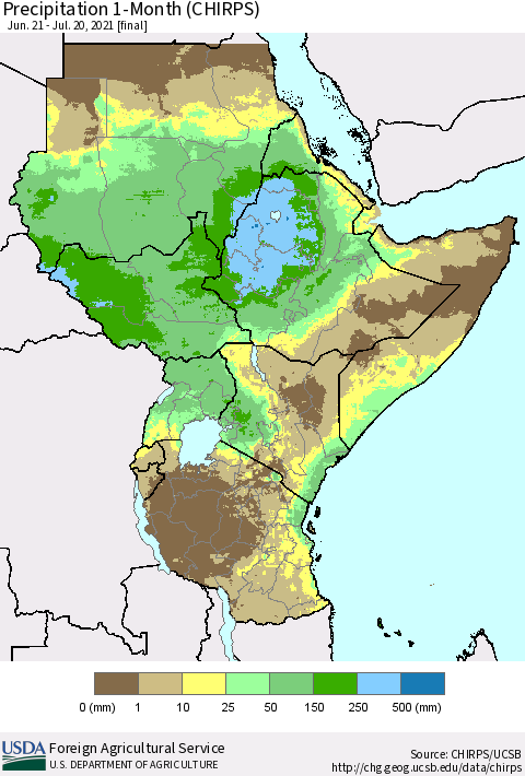 Eastern Africa Precipitation 1-Month (CHIRPS) Thematic Map For 6/21/2021 - 7/20/2021