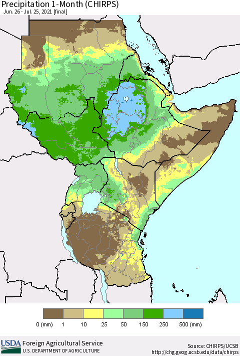 Eastern Africa Precipitation 1-Month (CHIRPS) Thematic Map For 6/26/2021 - 7/25/2021