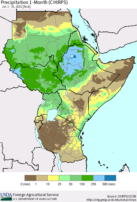 Eastern Africa Precipitation 1-Month (CHIRPS) Thematic Map For 7/1/2021 - 7/31/2021