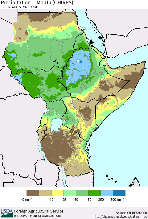 Eastern Africa Precipitation 1-Month (CHIRPS) Thematic Map For 7/6/2021 - 8/5/2021