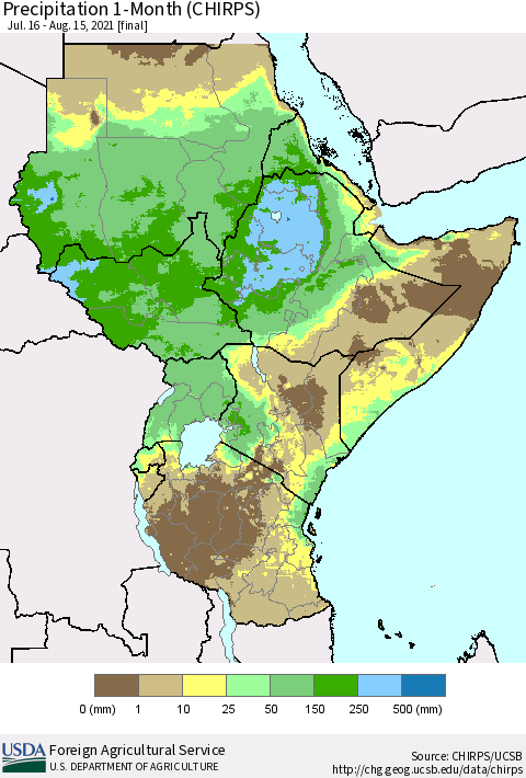 Eastern Africa Precipitation 1-Month (CHIRPS) Thematic Map For 7/16/2021 - 8/15/2021