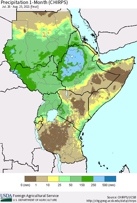 Eastern Africa Precipitation 1-Month (CHIRPS) Thematic Map For 7/26/2021 - 8/25/2021