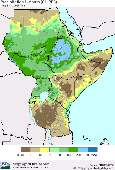 Eastern Africa Precipitation 1-Month (CHIRPS) Thematic Map For 8/1/2021 - 8/31/2021