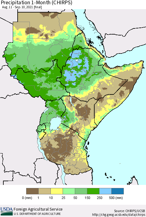 Eastern Africa Precipitation 1-Month (CHIRPS) Thematic Map For 8/11/2021 - 9/10/2021