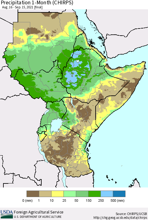 Eastern Africa Precipitation 1-Month (CHIRPS) Thematic Map For 8/16/2021 - 9/15/2021