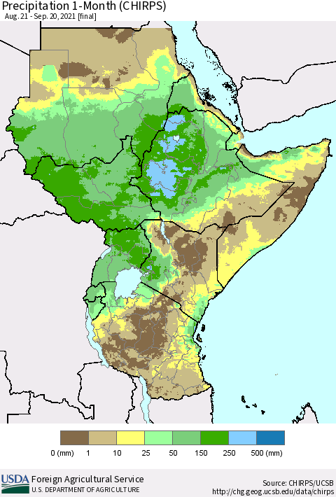 Eastern Africa Precipitation 1-Month (CHIRPS) Thematic Map For 8/21/2021 - 9/20/2021