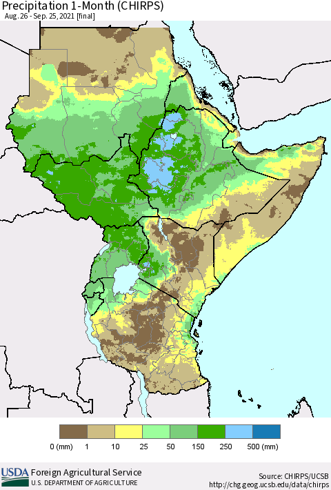 Eastern Africa Precipitation 1-Month (CHIRPS) Thematic Map For 8/26/2021 - 9/25/2021