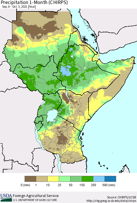Eastern Africa Precipitation 1-Month (CHIRPS) Thematic Map For 9/6/2021 - 10/5/2021