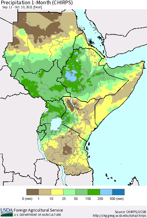 Eastern Africa Precipitation 1-Month (CHIRPS) Thematic Map For 9/11/2021 - 10/10/2021