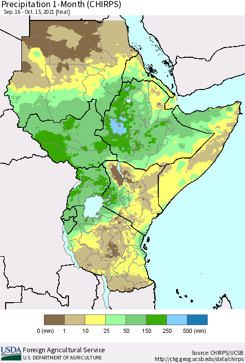 Eastern Africa Precipitation 1-Month (CHIRPS) Thematic Map For 9/16/2021 - 10/15/2021