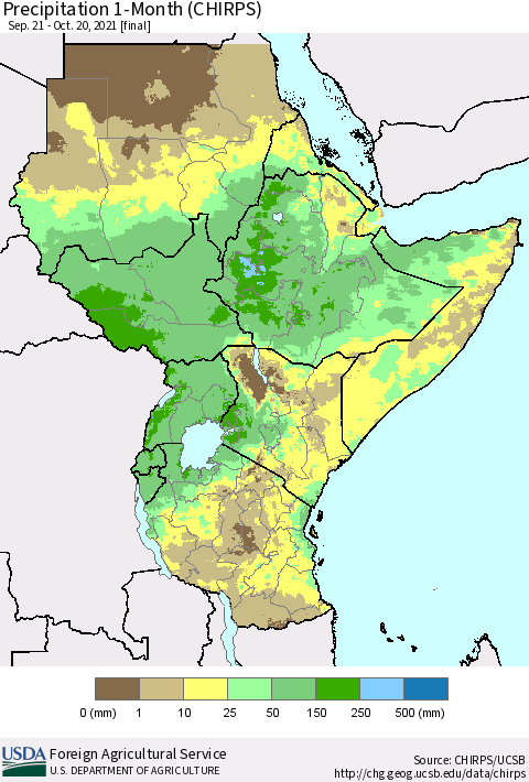 Eastern Africa Precipitation 1-Month (CHIRPS) Thematic Map For 9/21/2021 - 10/20/2021