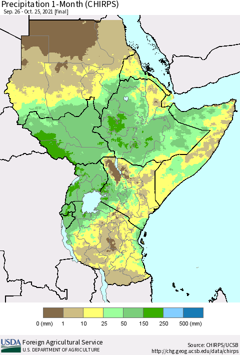 Eastern Africa Precipitation 1-Month (CHIRPS) Thematic Map For 9/26/2021 - 10/25/2021