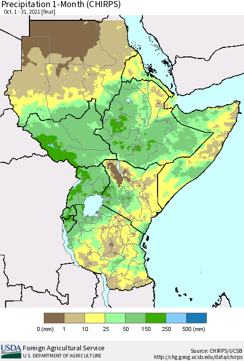Eastern Africa Precipitation 1-Month (CHIRPS) Thematic Map For 10/1/2021 - 10/31/2021