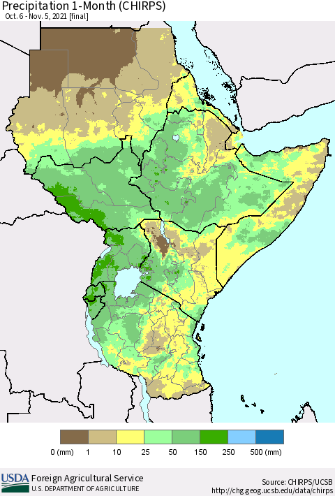 Eastern Africa Precipitation 1-Month (CHIRPS) Thematic Map For 10/6/2021 - 11/5/2021