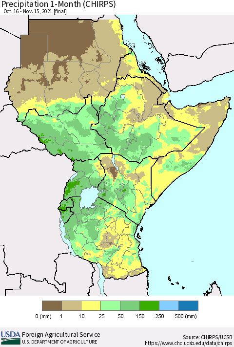Eastern Africa Precipitation 1-Month (CHIRPS) Thematic Map For 10/16/2021 - 11/15/2021