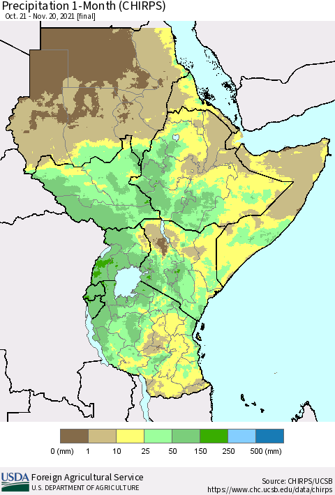 Eastern Africa Precipitation 1-Month (CHIRPS) Thematic Map For 10/21/2021 - 11/20/2021