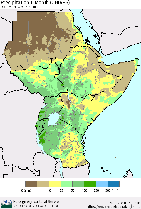 Eastern Africa Precipitation 1-Month (CHIRPS) Thematic Map For 10/26/2021 - 11/25/2021