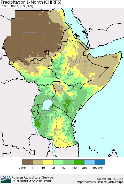 Eastern Africa Precipitation 1-Month (CHIRPS) Thematic Map For 11/6/2021 - 12/5/2021
