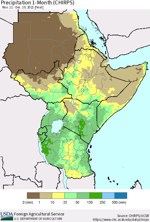 Eastern Africa Precipitation 1-Month (CHIRPS) Thematic Map For 11/11/2021 - 12/10/2021