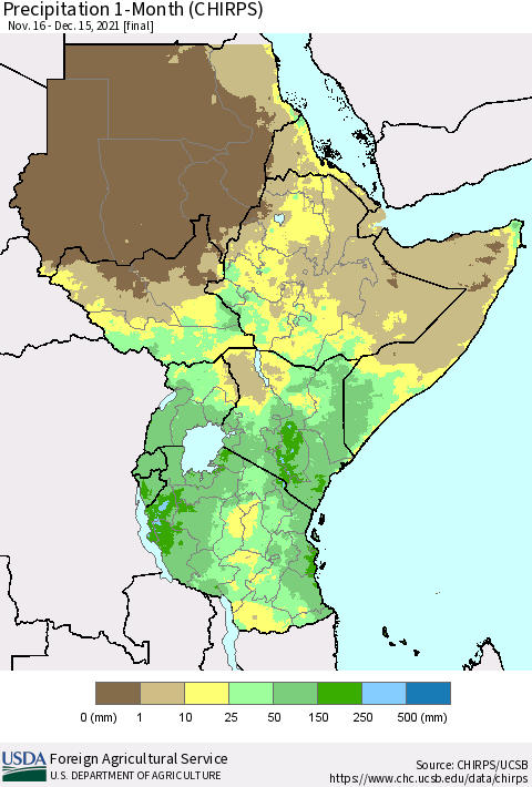 Eastern Africa Precipitation 1-Month (CHIRPS) Thematic Map For 11/16/2021 - 12/15/2021
