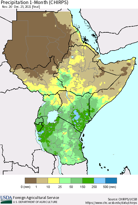 Eastern Africa Precipitation 1-Month (CHIRPS) Thematic Map For 11/26/2021 - 12/25/2021