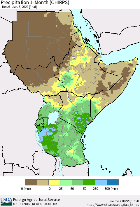 Eastern Africa Precipitation 1-Month (CHIRPS) Thematic Map For 12/6/2021 - 1/5/2022