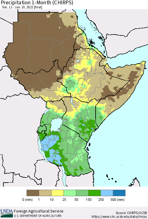 Eastern Africa Precipitation 1-Month (CHIRPS) Thematic Map For 12/11/2021 - 1/10/2022