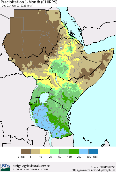Eastern Africa Precipitation 1-Month (CHIRPS) Thematic Map For 12/21/2021 - 1/20/2022