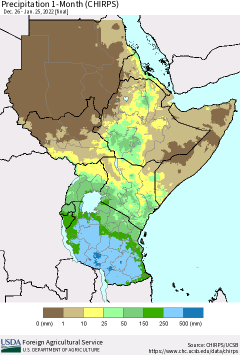 Eastern Africa Precipitation 1-Month (CHIRPS) Thematic Map For 12/26/2021 - 1/25/2022