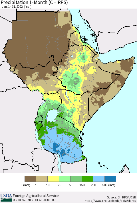 Eastern Africa Precipitation 1-Month (CHIRPS) Thematic Map For 1/1/2022 - 1/31/2022