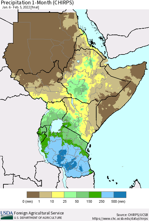 Eastern Africa Precipitation 1-Month (CHIRPS) Thematic Map For 1/6/2022 - 2/5/2022