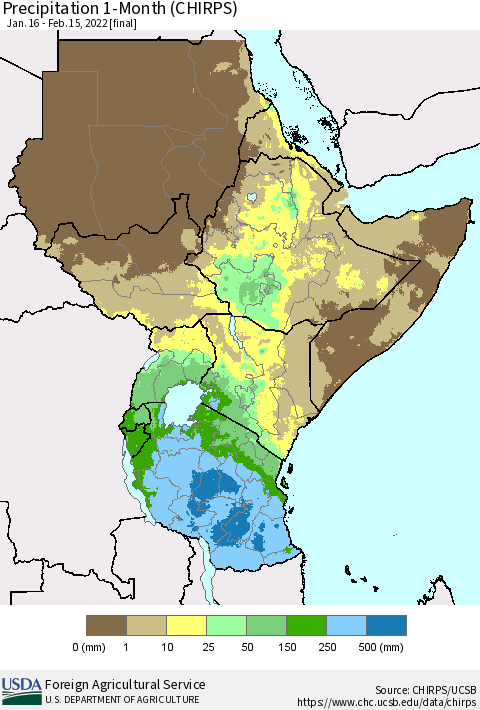 Eastern Africa Precipitation 1-Month (CHIRPS) Thematic Map For 1/16/2022 - 2/15/2022