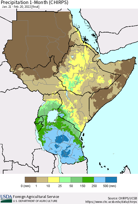 Eastern Africa Precipitation 1-Month (CHIRPS) Thematic Map For 1/21/2022 - 2/20/2022